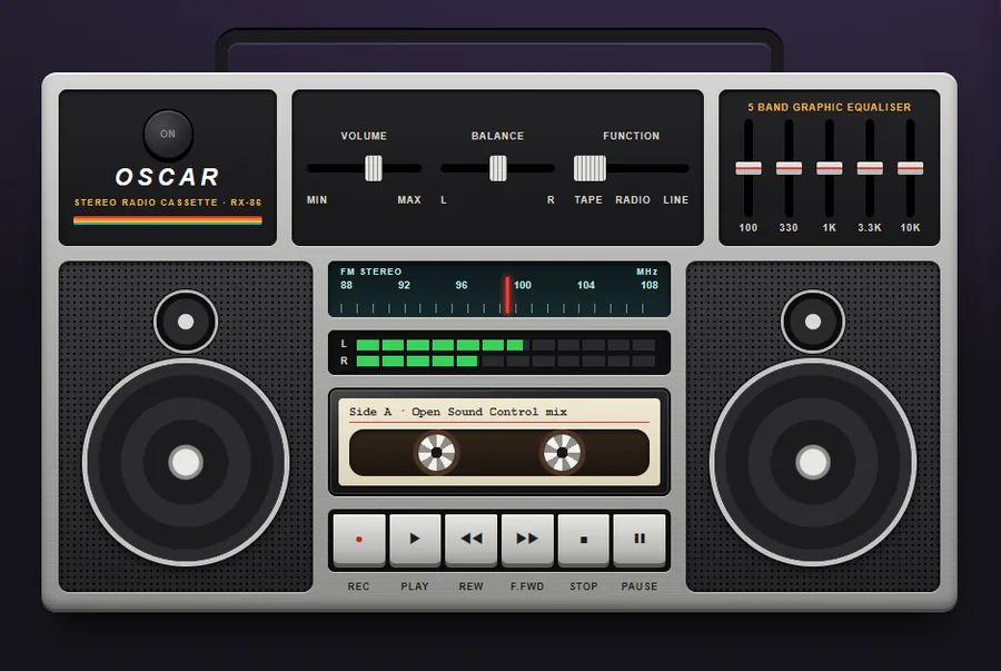 Boombox template: play and stop keys, a tuner, an equaliser and level lights.